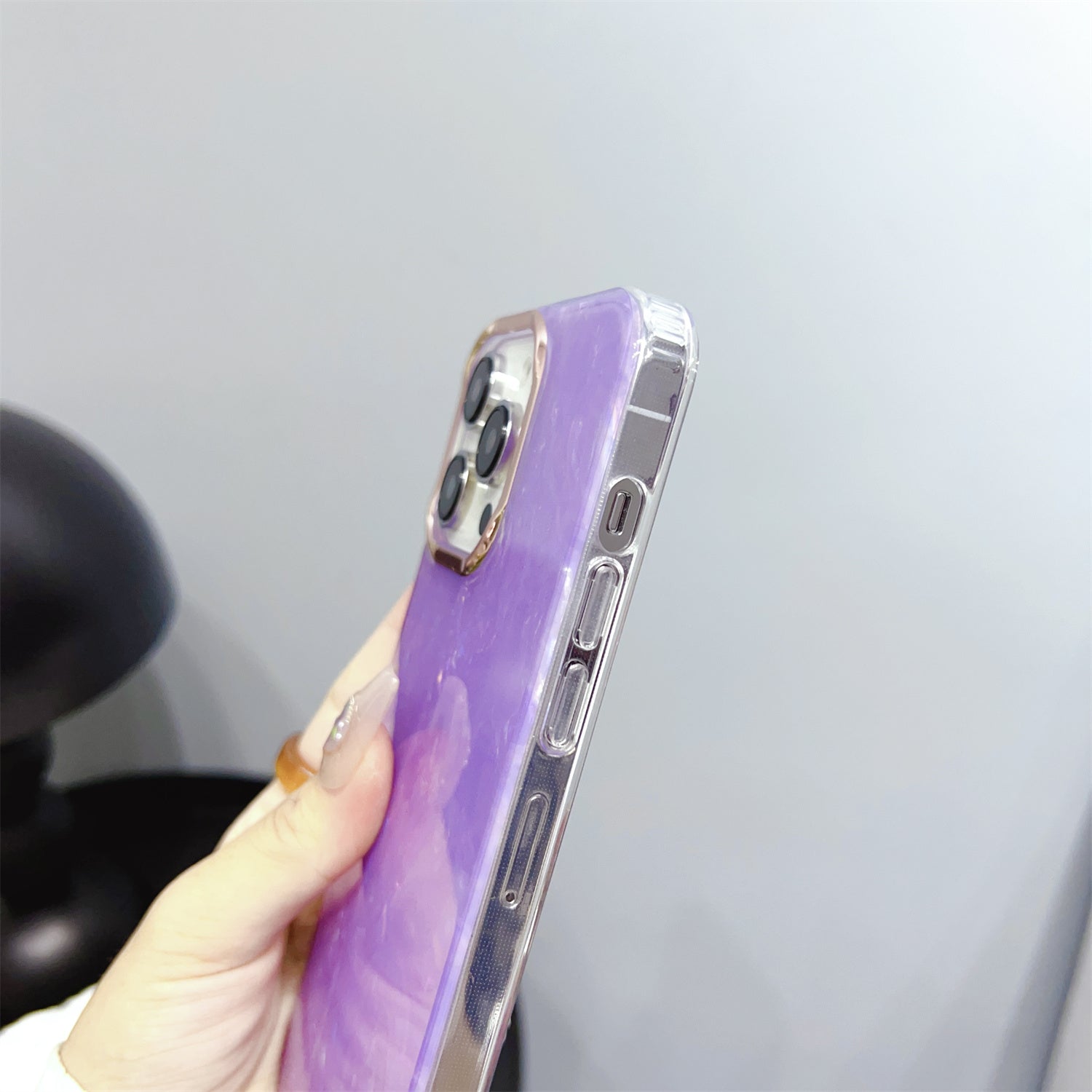Uniqkart for iPhone 13 Pro Max 6.7 inch TPU+PC Phone Cover IMD Shell Pattern Anti-drop Case with Pearl Hand Chain - Light Purple Uniqkart for iPhone 13 Pro Max 6.7 inch TPU+PC Phone Cover IMD Shell Pattern Anti-drop Case with Pearl Hand Chain - Light Purple